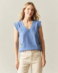 Women's Premium Slub Cap Sleeve V-Neck - Colony Blue