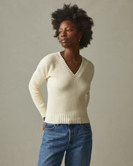 Women's Chunky Cotton V-Neck Sweater - Creme