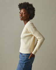Women's Chunky Cotton V-Neck Sweater - Creme