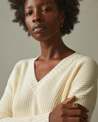 Women's Chunky Cotton V-Neck Sweater - Creme