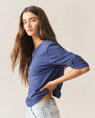 Women's Premium Slub Curved Hem Long Sleeve - Navy Blue