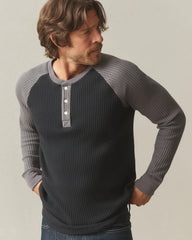 Men's Colorblock Waffle Long Sleeve Henley - Black Thunderstorm