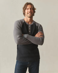 Men's Colorblock Waffle Long Sleeve Henley - Black Thunderstorm