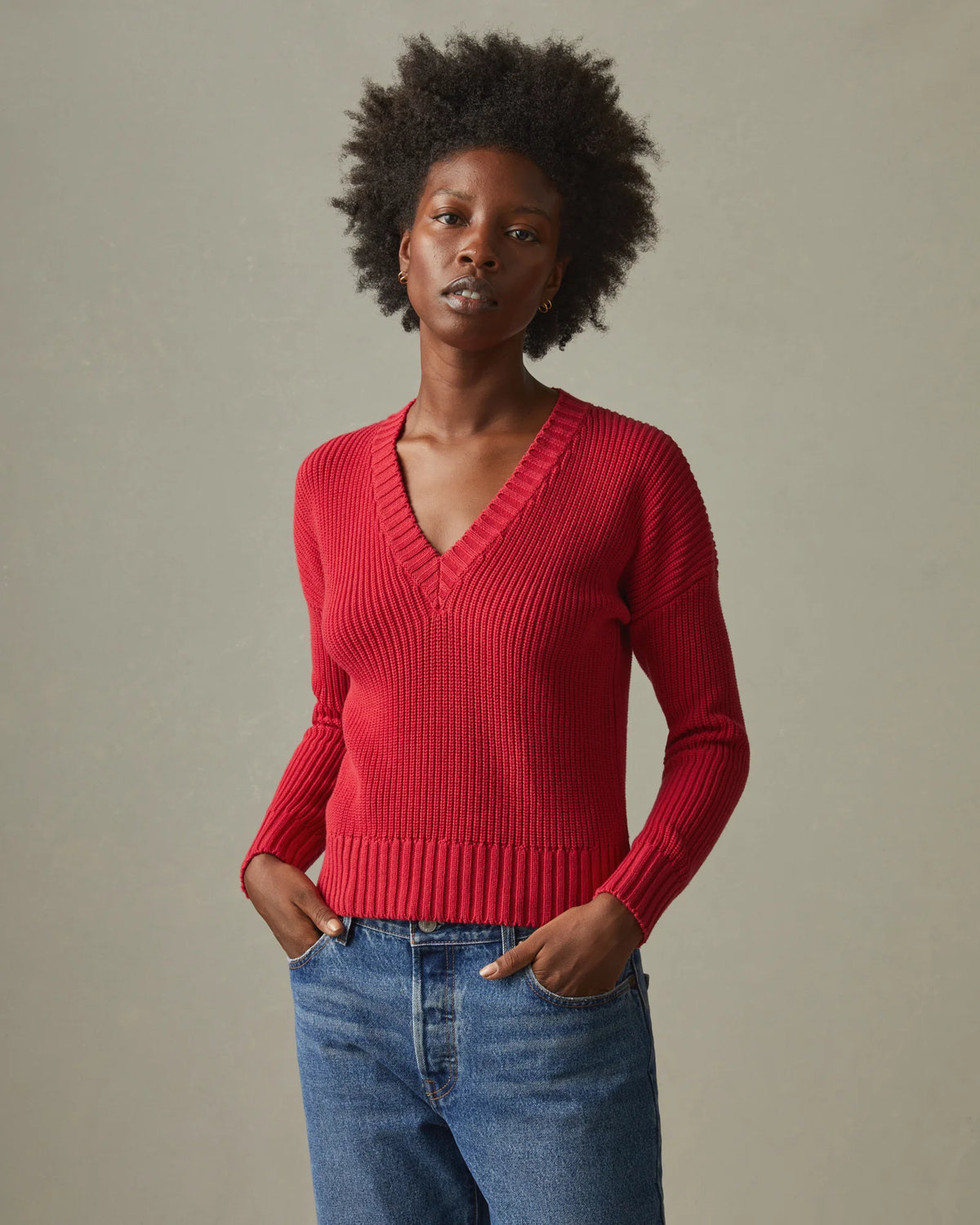 Women's Chunky Cotton V-Neck Sweater - Biking Red