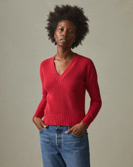 Women's Chunky Cotton V-Neck Sweater - Biking Red