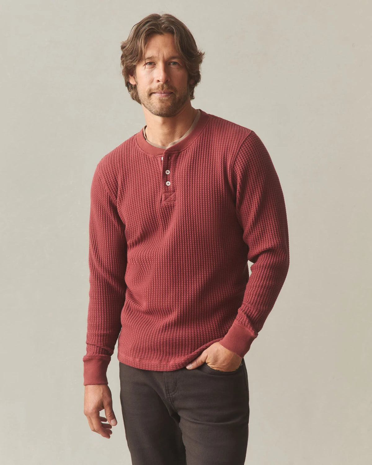 Men's Waffle Long Sleeve Henley - Spiced Apple