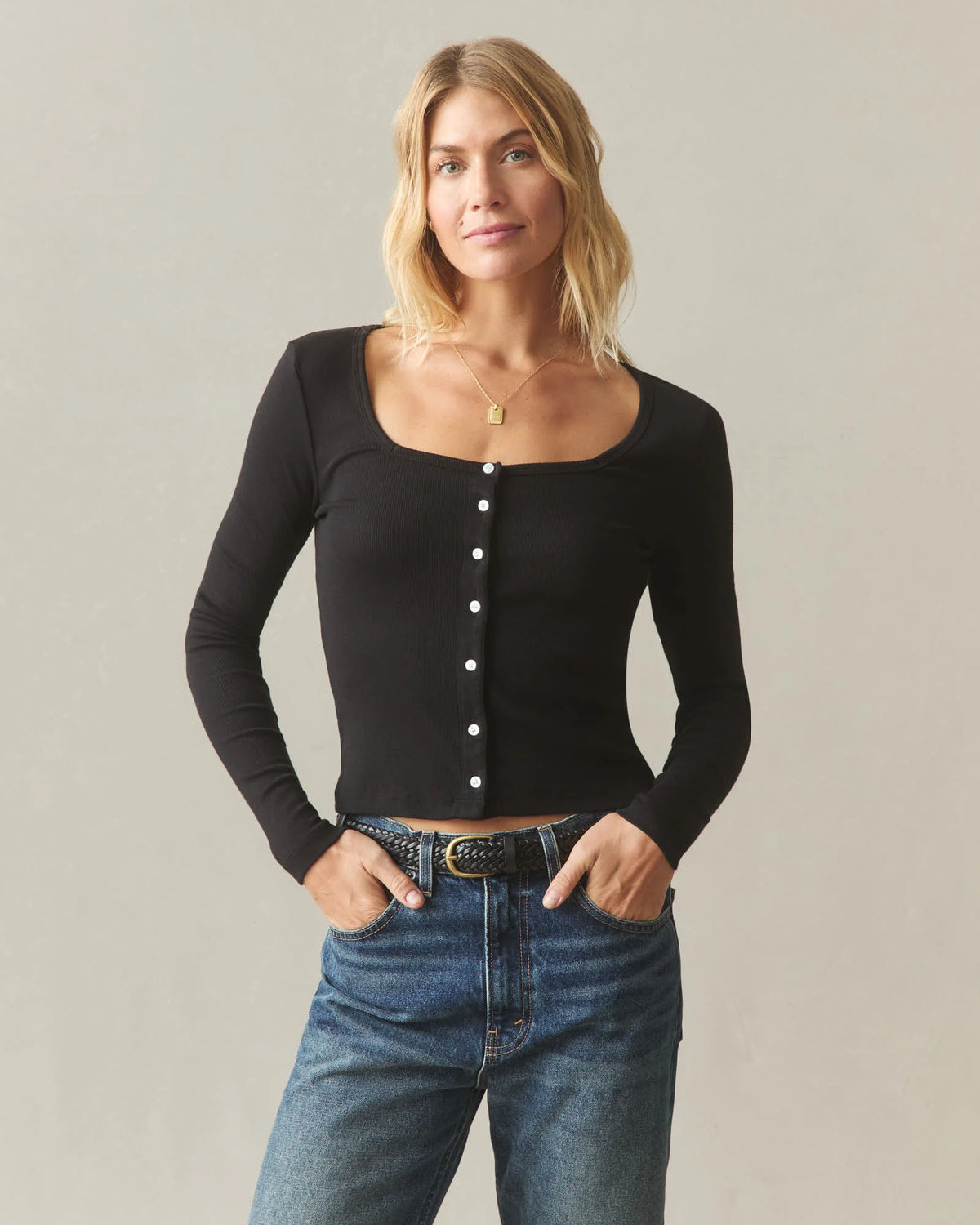 Women's Luxe Rib Square Neck Cardigan - Black